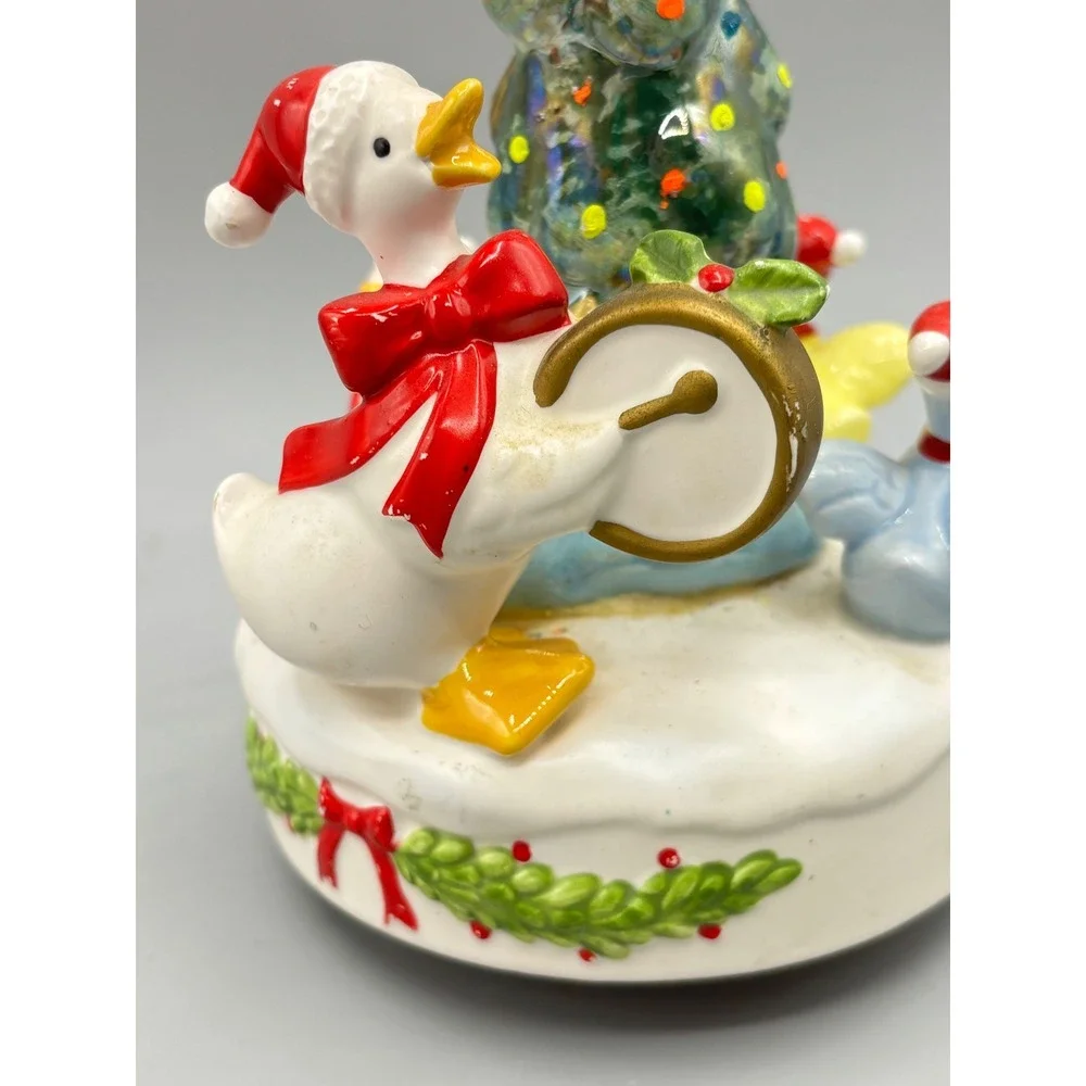 Vintage Christmas Music Box Wind Up Goose Ceramic Rotating Tree Cottage Ducks